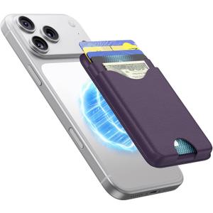 Magnetic Wallet Purple Vegan Leather Upgraded for MagSafe Wallet, 5 Card-Holder, for iPhone, with Adjustable Stand, for iPhone 16/15/14/13/12 Series, Not for Mini, Ultra-Slim