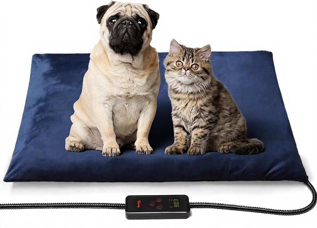 Toozey Pet Heating Pad, 6 Adjustable Temperature Dog Cat Heating Pad with Timer, Waterproof Heated Dog Bed with Chew Resistant Cord, Indoor Electric Pet Heated Mat 28x20in (Navy Blue)