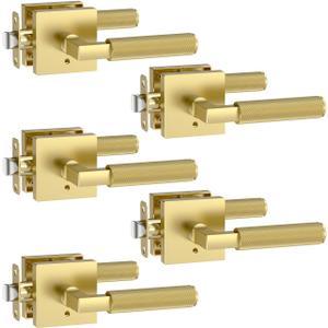 Amerdeco 5 Pack Privacy Door Handles, Brushed Gold Door Handles Interior, Knurled Gold Door Lever, Heavy Duty Bedroom and Bathroom Door Handles with Lock, Reversible Keyless for Right & Left Side AM0021