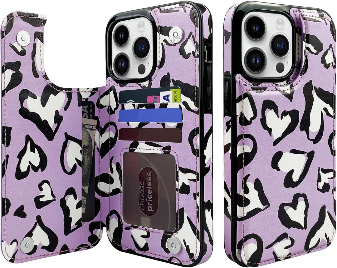 TopPerfekt TopPerfekt Flip Leather Wallet Case Card Holder Compatible with iPhone 14 Pro Max 6.7" Women and Girls with Card Holder Kickstand Double Magnetic Clasp Pattern Purple Heart