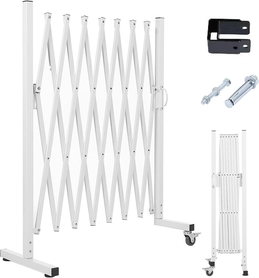 Metal Expandable Barrier Fence for Dogs, Portable Barricade Gate with Casters, Foldable Pet Gate Indoor Outdoor for Rooms, Stairs, Driveway, Garage, Yard, Doorways, 7 Feet, White