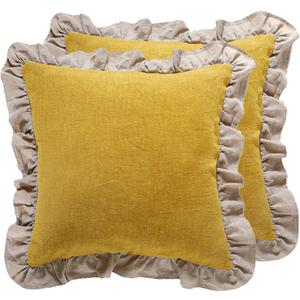patdrea Shabby Chic Yellow Decorative Throw Pillow Covers 18x18 Set of 2,Farmhouse Linen Pillow Covers with Ruffles,Square Sturdy Throw Pillow Case for Couch Sofa Bed Living Room
