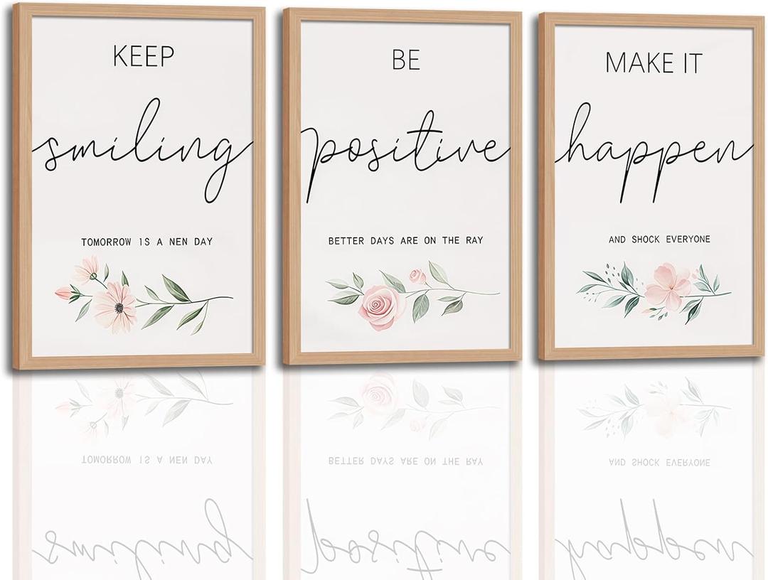 3Pcs Framed Inspirational Office Wall Art Decor Motivational Quotes Floral Canvas Prints Artwork for Office Walls Positive Affirmations Wall Decor for Home Study Room 16x24in, 12"L x 16"W