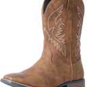 IUV Cowboy Boots For Men Square Toe Western Boot Durable Retro Classic Embroidered Pull On Boot Slip Resistant Country Boots 7.5 Wide, Brown