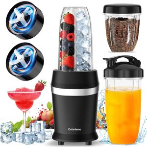 12-Piece Smoothie Blender Maker 25,000 RPM Personal Blender for Ice Crushing Smoothies & Frozen Drinks Nuts with 23oz, 32oz, 37oz Portable Cups Two 6-Leaf Stainless Steel Blades, Matte Black