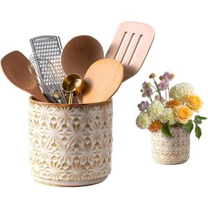 Ceramic Utensil Holder for Kitchen Counter,5.3" Farmhouse Kitchen Utensils Holder for Countertop Handcrafted Cooking Utensil Holder with Elegant Design for Utensil Storage, Flower Vase