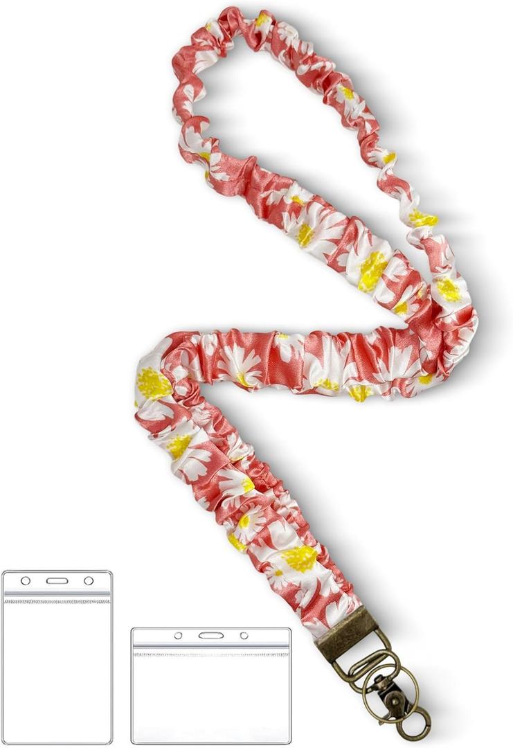 2 x Lanyardio Stretchy Scrunchie Lanyard for ID Badges Keys, Cute Teacher Lanyard for Women with 2 Card Holders 19.6 Inch (Pink Flower)