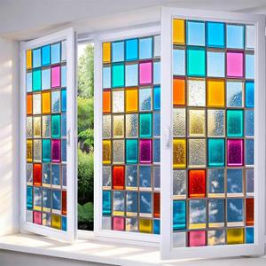 IVN Window Privacy Film Pastel Diamond Stained Glass Window Film Decorative Static Cling Non Adhesive Removable Reusable Window Cling for Bathroom Shower Windows Anti Glare UV Blocking 17.7x39.3 Inch