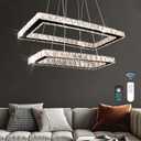 Dimmable Crystal Chandelier, Modern Rectangular 2 Ring LED Pendant Light with Remote & App Control, 20.5"+17" Adjustable Hanging Height, 3 CCT 2500K/4500K/6500K, Kitchen Island Dining Room