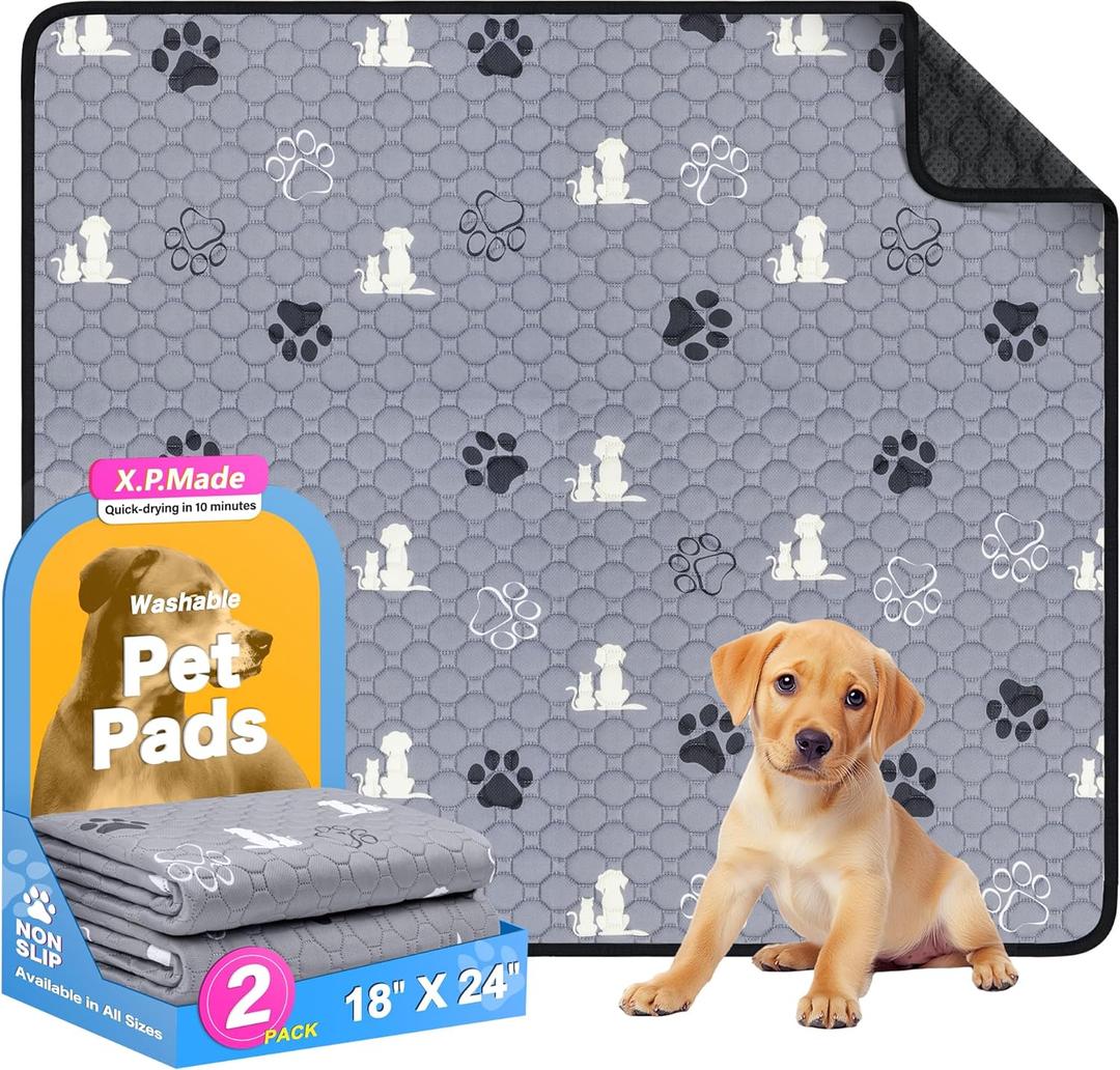 Washable Pee Pads for Dogs, 2 Pack Reusable Puppy Pads, Waterproof Pet Pee Pads for Dog Potty Training, Extra Large Dog Pee Pads for Crate, Playpen, and Whelping, Durable and Absorbent, Grey 24"x36"