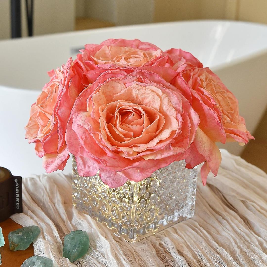 Artificial Rose in Glass Vase Vintage Silk Flower Arrangement with LED Light for Table Centerpiece Home Wedding Decoration (Coral Pink)