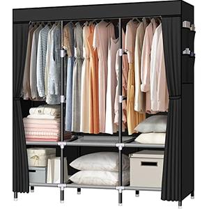 LOKEME Portable Wardrobe, 61-Inch with 3 Hanging Rods and 6 Storage Shelves, Non-Woven Fabric, Stable and Easy Assembly Black Portable Closets for Hanging Clothes with Side Pockets