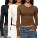 ENERFUL Women's Long Sleeve Shirts Crew Neck Slim Fitted Going Out Crop Casual Tops Basic Tees (Medium, Black+beige+coffee)