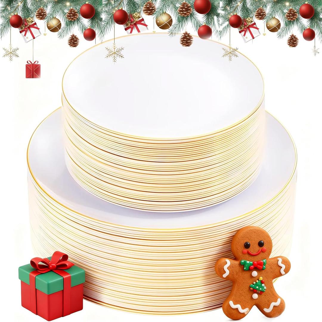 KIRE 100PCS Disposable Plates - White with Gold Rim for Christmas Party/Wedding - Includes 50Pieces 10.25inch Dinner and 50Pieces 7.5inch Dessert/Salad Plates
