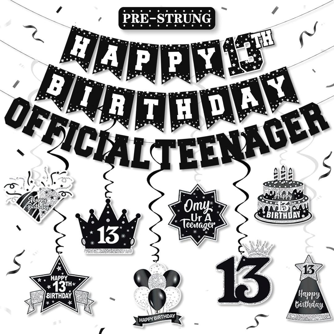 13th Birthday Decorations for Boys Girls Black White, Pre-Strung Official Teenager Happy 13th Birthday Banner Backdrop Hanging Swirls, 13 Years Old Birthday Party Sign Decor Supplies Kit