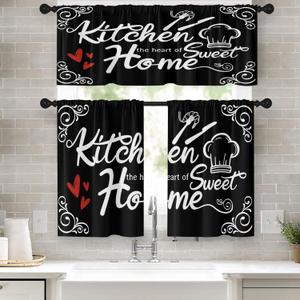 Farmhouse Black Kitchen Window Curtains Valance and Tier Set 36 Inch, Heart of Sweet Home Rod Pocket Short Tier Curtain for Bathroom, Modern Small Cafe Drapes for Kitchen Decor