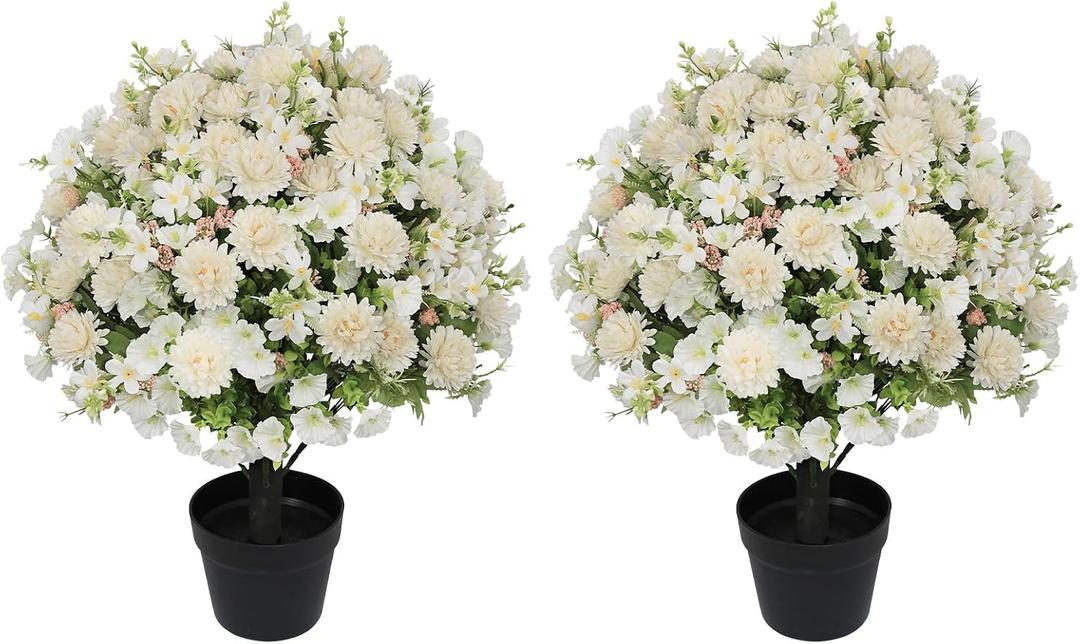 24" Artificial Potted Flowers for Outdoor, Pompon Mums Faux Plant