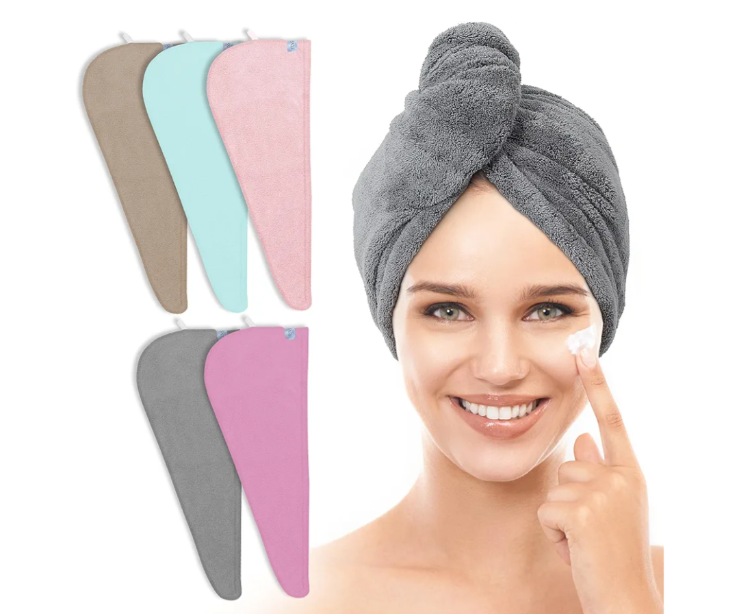 TENSTARS 5 Pack Thicken Microfiber Hair Towel Wrap for Women - Elastic Loop Design - 320GSM Coral Velvet - Quick Dry Hair Turban - 11x28 Inch, Color: Cream+White+Brown+Light Teal+Grey