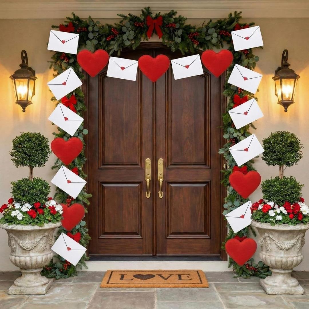 Novabright 18 Pcs 7.87 inch Valentine's Day Large White Envelope and 6 Pcs Red Felt Heart Ornaments Red Hanging Heart Shaped Baubles for Valentines Day Tree Decor, Wedding, Party Decor, DIY Crafts