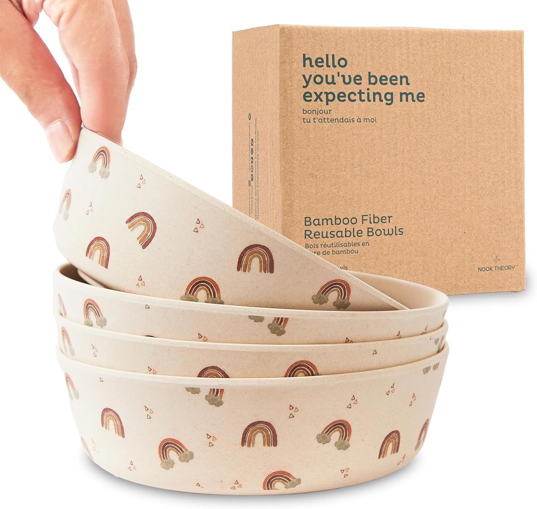 Nook Theory 4 Pack Bamboo Bowls - Alternative to Plastic Bowl, 18 Oz Reusable, Shatterproof Dinnerbowl, Dishwasher Safe - Not Microwavable Bamboo Dishes (Rainbow)