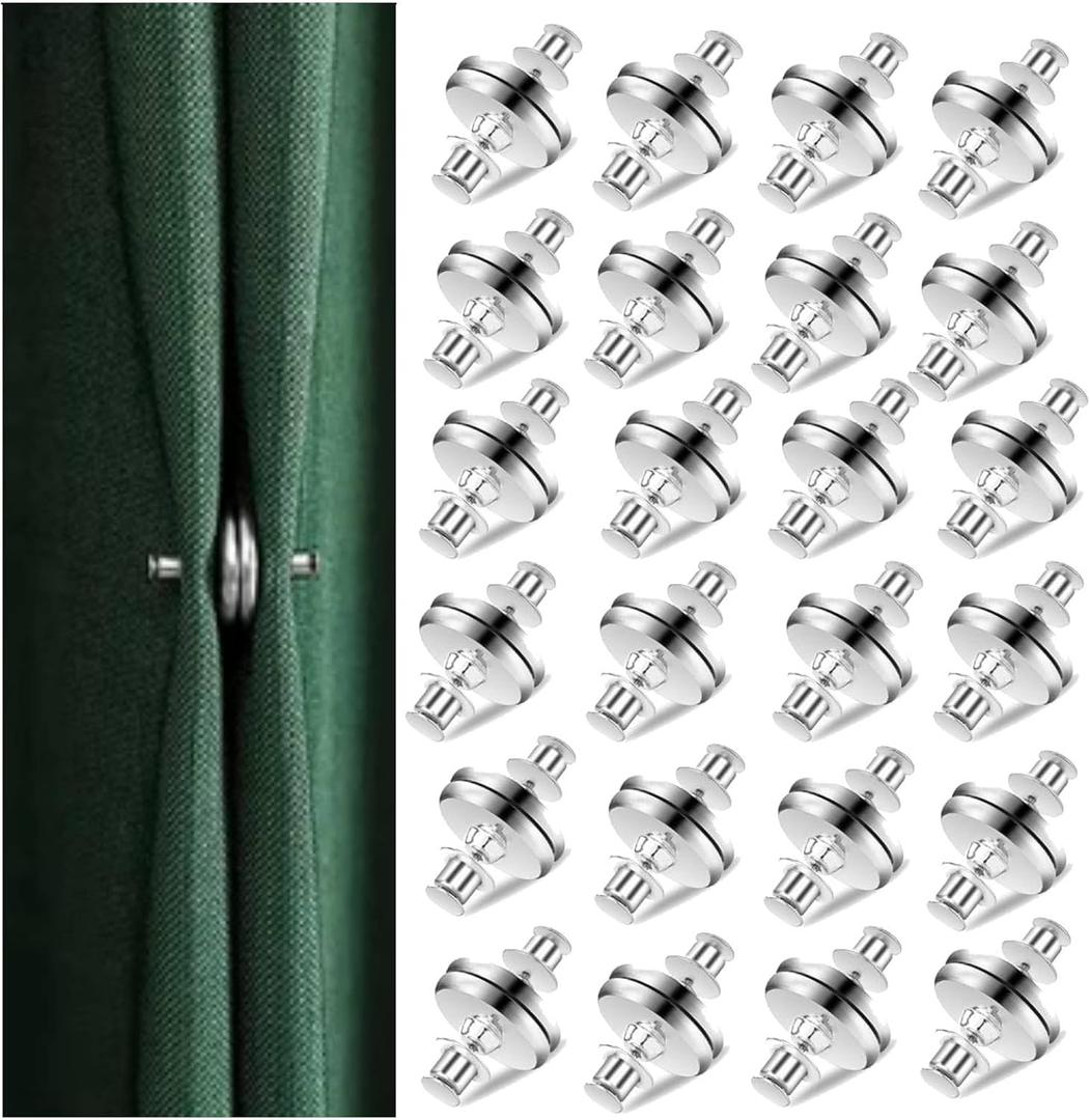 CEYAZYE 24Pairs Curtain Magnetic Closure, Silver Magnets Clips Prevent Light Leaking, Strong Magnet Buckle, Curtain Weights for Shower Home Bedroom Office Bathroom Curtains (0.8 x 0.6in)