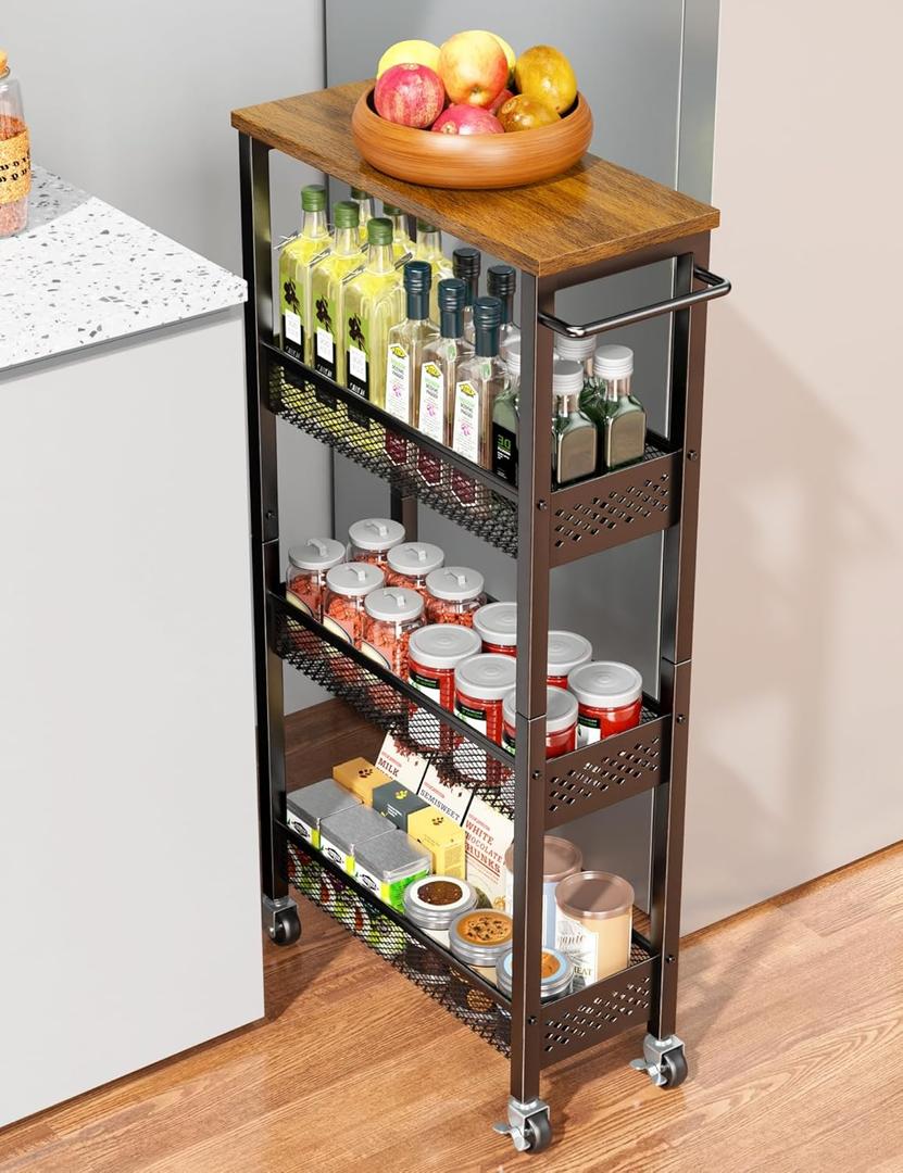 Utility Slim Storage Cart, 4 Tier Small Rolling Kitchen Laundry Room Cart with Wood Top, Metal Narrow Bathroom Storage Cabinet Mobile Shelf Unit Organizer Trolley with Handle for Narrow Space (7.1 inch wide, Black)