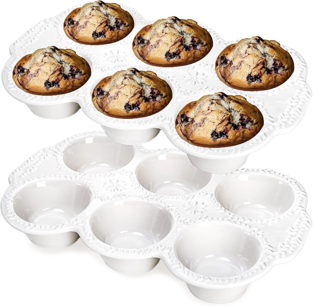 Hiceeden 2 Pack 6-Cup Ceramic Muffin Pan, Nonstick Cupcake Baking Pans with Handle, Ceramic Muffin Tin with Embossed Pattern for Muffin, Cupcake, White