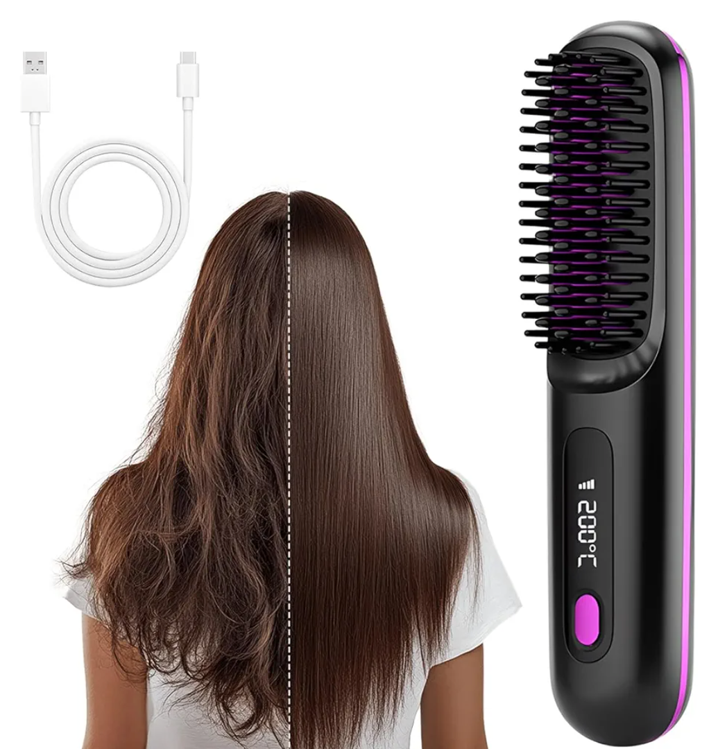Hair Straightening Irons, Portable Straightener Brush, Cordless Hair Straightener Comb, Rechargeable Portable Hair Straightener for Women (Black)