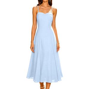 RIHOAS Formal Wedding Guest Dress A Line Sleeveless Slip Spaghetti Strap Corset Chiffon Elegant Party Midi Dress (Blue, L)