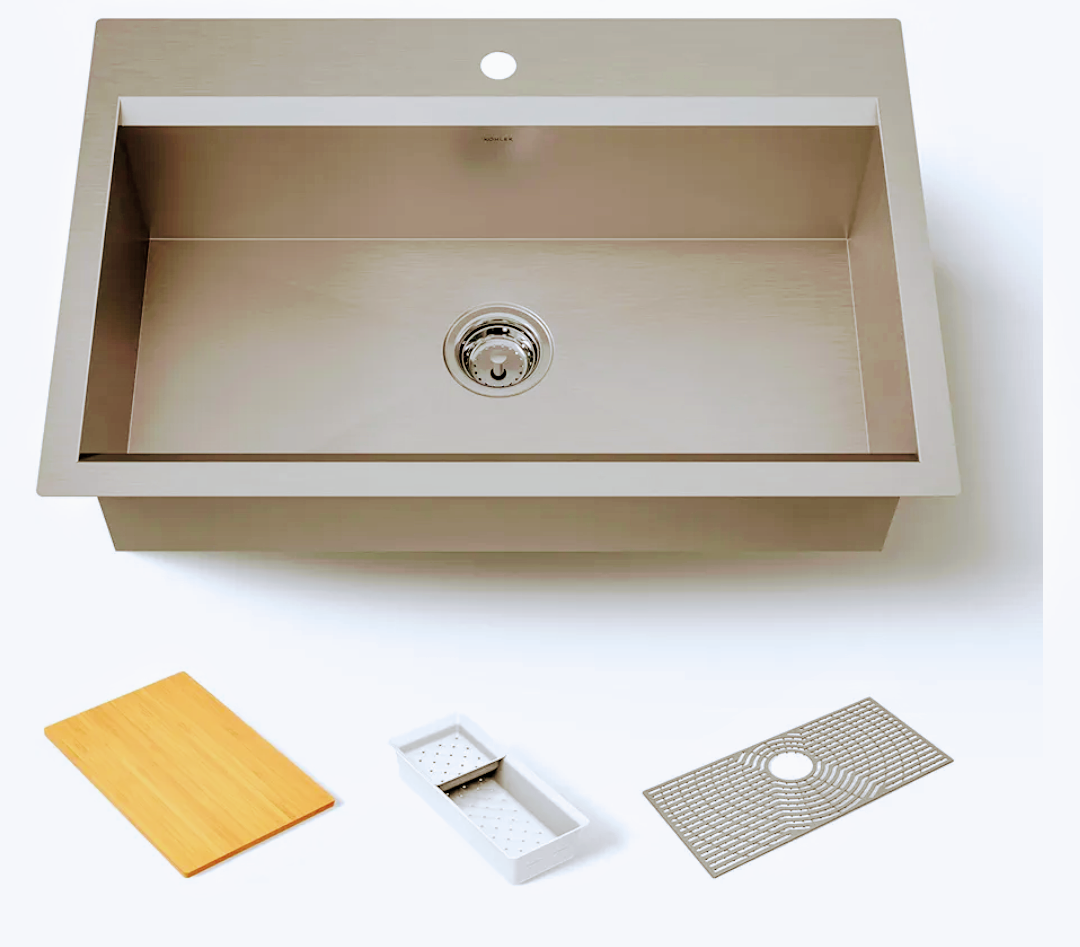 KOHLER Task 32×18" Top-/Undermount Single-Bowl Workstation Kitchen Sink, Includes Accessories, Stainless Steel, 1 Faucet Hole, K-80084-1PC-NA