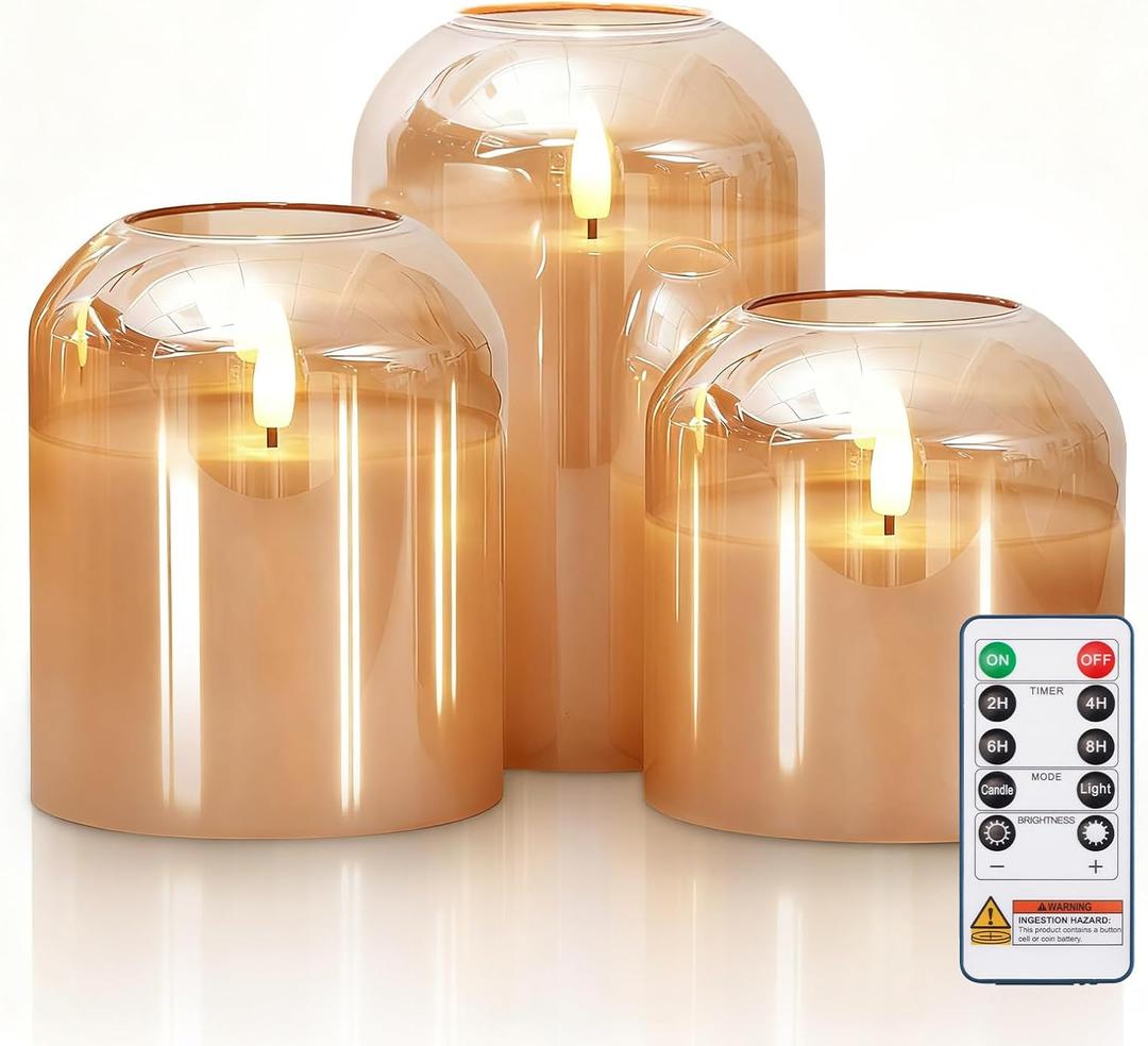 Homemory Glass Flameless Candles, Battery Operated Plliar Candles Realistic Flickering, LED Electric Light with Remote and Timer for Home, Christmas Decoration, Gold, Set of 3 (D4"xH4"5"6")