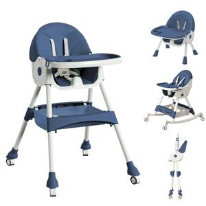 High Chairs for Babies and Toddlers, 4 in 1 Convertible Baby High Chair, Portable High Chair for Travel with Adjustable Height and Back, Foldable HighChair with Wheels& Pu Cushion (Navy Blue)