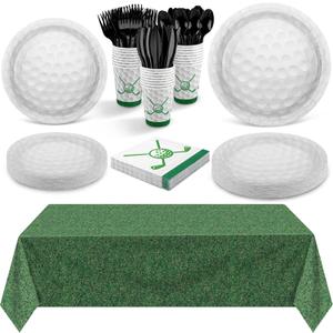 Durony 169-Piece Golf Party Supplies - Green Grass Field Tablecloth, 48 Dessert Plates, 24 Paper Cups, 24 Napkins, 24 Knives, Forks & Spoons - Disposable Golf Tableware Set