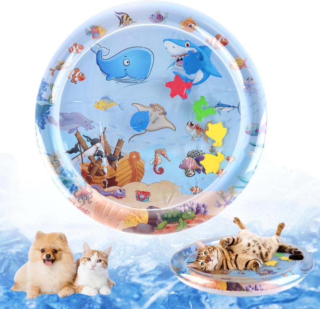 Cat Water Bed Play Mat, Cat Water Mat with Fish, Water Sensory Play Mat for Cats, 39 In/40 in Pet Sleeping Mats for Summer, Interactive Cats Toy for Indoor Play (Shark 20 in)