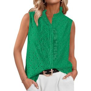 BTFBM Women's Sleeveless Button Down Shirts Ruffle V Neck Casual Hollow Out Eyelet Tops Boho Summer Vacation Blouse 2025 (Medium, Green)