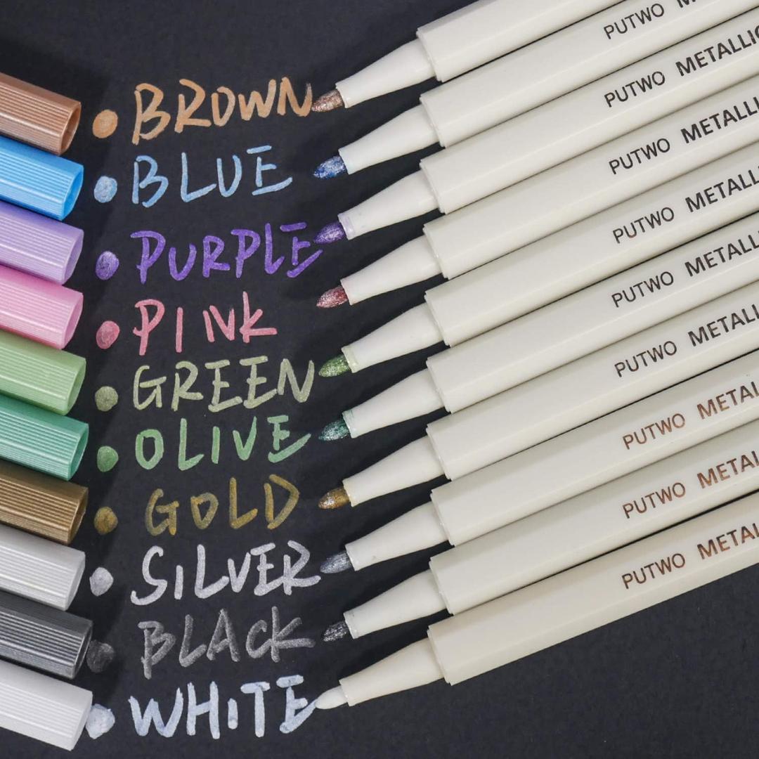 PuTwo Metallic Markers, 10 Assorted Colors Water Proof Metallic Paint Pen Metalic Marker Pens, Fine Tip Metallic Calligraphy Marker, Multi Surfaces Metallic Paint Marker for Rock, Glass, Cardstock