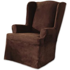 SURE FIT Soft Suede T-Cushion Wing Chair One Piece Slipcover, Relaxed Fit, Polyester, Machine Washable, Chocolate Color