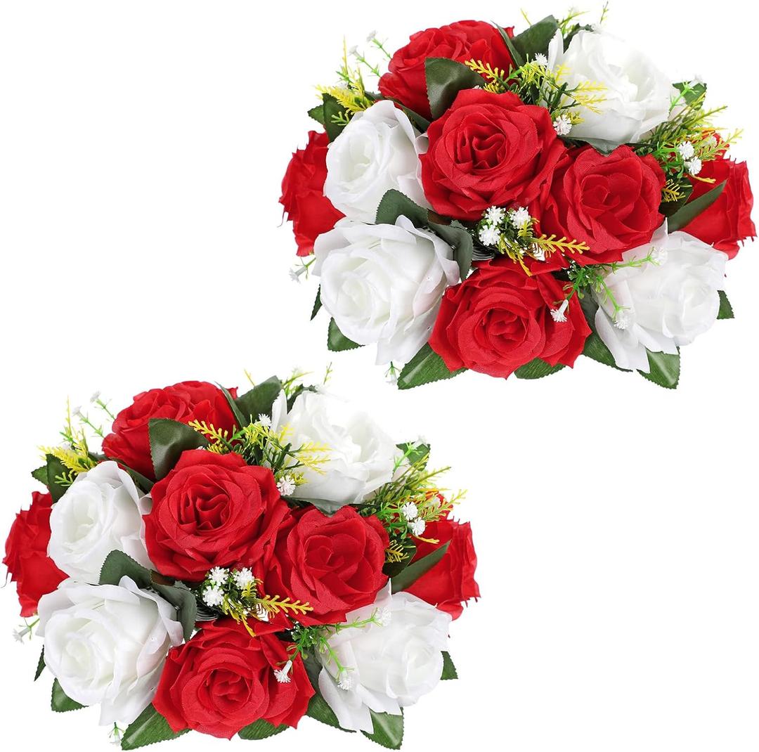 Briful Artificial Flower Balls for Table Centerpieces  2PCS 8.6" Silk Rose Floral Arrangement Fake Floral Bouquet for Wedding Parties Baby Showers DIY Event Home Decor(Red White) (Small)