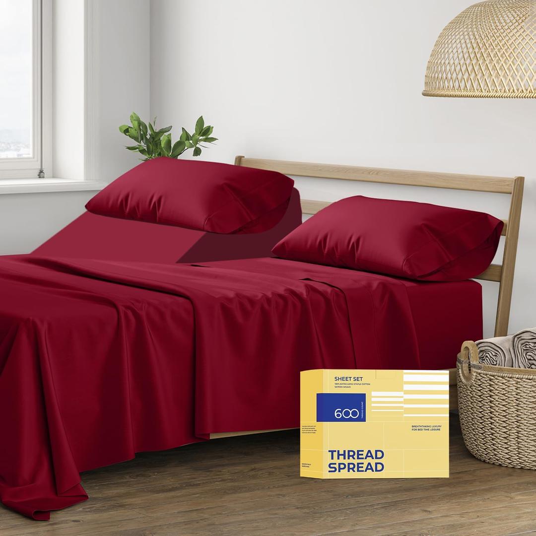 THREAD SPREAD 100% Egyptian Cotton Split King Sheets Sets For Adjustable Bed - 600 Thread Count 5 PC Top Split King Sheets, 16" Deep Pocket Soft Cooling Sheets For Split King Adjustable Bed - Burgundy