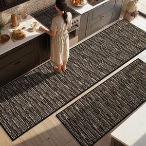 Kitchen Rugs Sets of 2-Non Slip Kitchen Mats for Floor-Thick Stain Resistant Vintage Kitchen Floor Mat Runner Carpet for Hallways Entryway Laundry Room WashableBlack 24"x79"+20"x47"