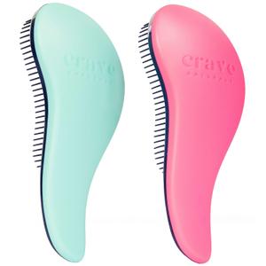 Crave Naturals Glide Thru Detangler Brush Pack of 2 - Curly Hair Brush for Women and Kids - Wet and Dry Comb for Adults - Soft Flexible Bristles for Gentle Use - Turquoise and Pink