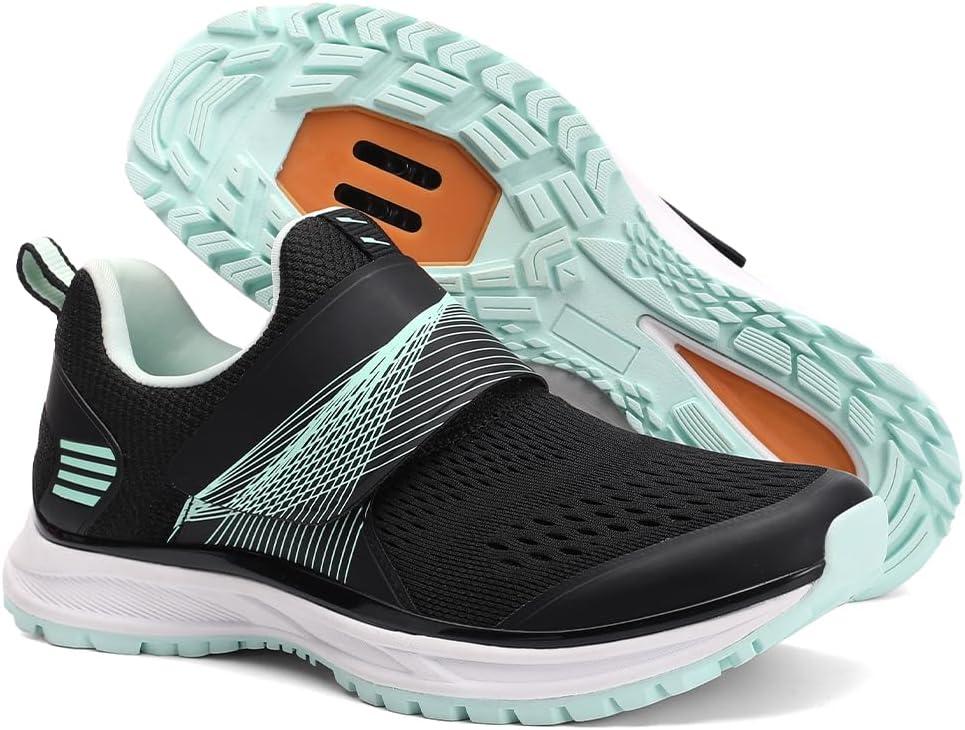 Women's Indoor and Outdoor Cycling Shoes - Comfortable and Breathable - Compatible With SPD Cleats (7, Black-green)