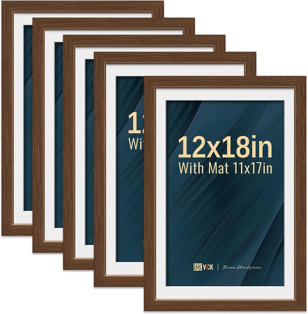 VCK 12x18 Picture Frame 5 Pack - Brown, High-End Wood Poster Frames with Tempered Glass, Display 11x17 Photo with Mat or 12x18 without Mat, Art Gallery-Quality, Wall Hanging, Brown