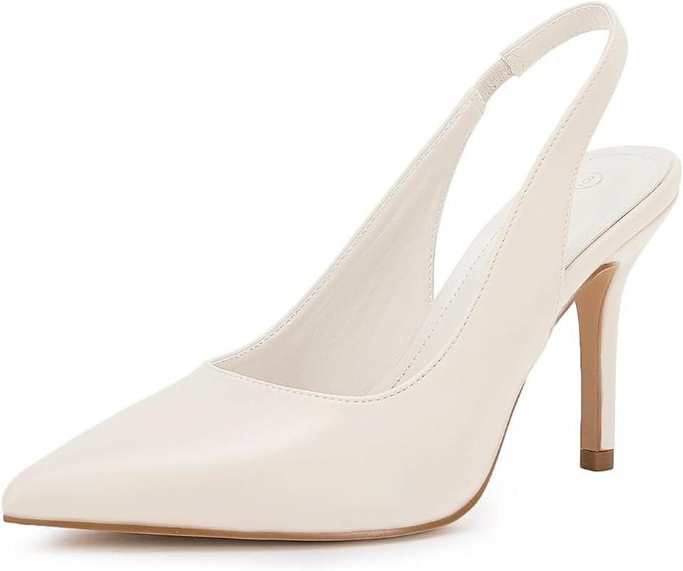 Trish Lucia Womens Slingback Pointed Toe Stiletto Pumps Slip-on High Heels Office Lady Sandals Party Prom Dress Shoes (8.5, Cream)