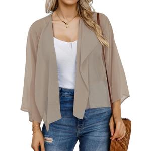 Womens Summer Tops Short Shrugs Kimono Cardigans Casual Chiffon Bolero Jackets (X-Large, B-light Khaki)