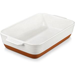 MALACASA Baking Dish 4.8 Qt Ceramic Casserole & Lasagna Pan, 9x13 Inch Deep Rectangular Oven Safe Dish with Handles for Baking, Roasting, Serving (Khaki & White) - Series Tara (Extra Large)