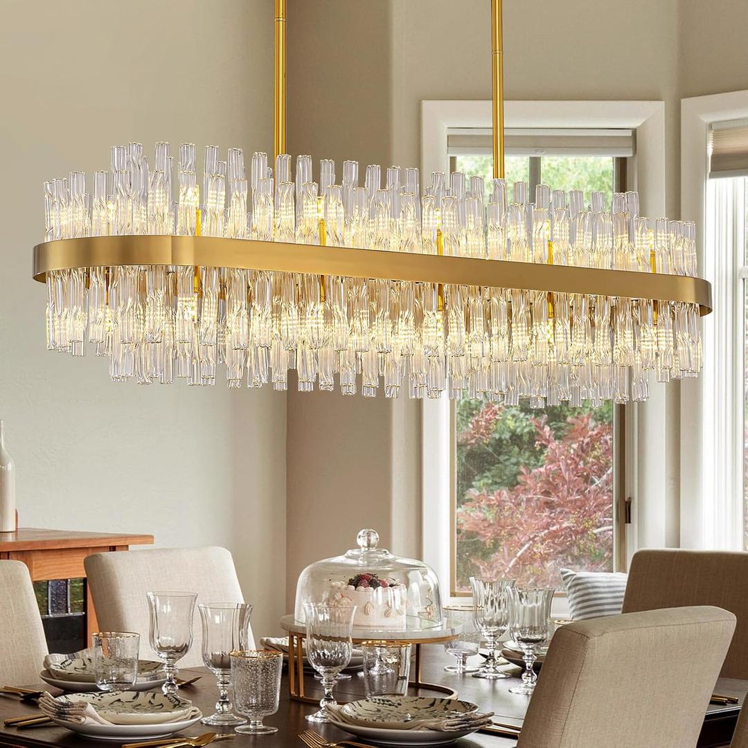 20-Light Modern Gold Rectangle Chandeliers for Dining Room Light Fixture, 2 Tiers Wave Crystal Glass Chandelier for Kitchen Island Living Room, L39.4''