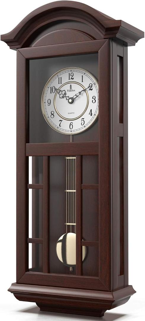 Pendulum Wall Clock - 27 inch Wooden Hanging Grandfather Wall Clock with Pendulum - Real Wood, Quiet, Non-Chiming & Battery Operated for Living Room Decor, Office & Home Dcor Gift
