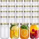Gerrii 24 Pcs 16 oz Clear Plastic Mason Jars with Lids Refillable Mason Cocktail Cup Empty Canning Overnight Oats Container Plastic Candy Storage Jars Containers for Honey Spices Herbs (Gold)