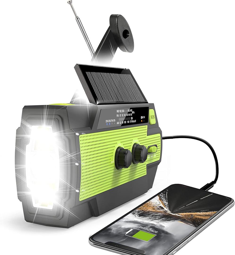 Emergency Crank Weather Radio, 14800mWh Solar Hand Crank Portable AM/FM/NOAA Weather Radio with 1W 3 Mode Flashlight & Reading Lamp, Cell Phone Charger, SOS for Home and Emergency